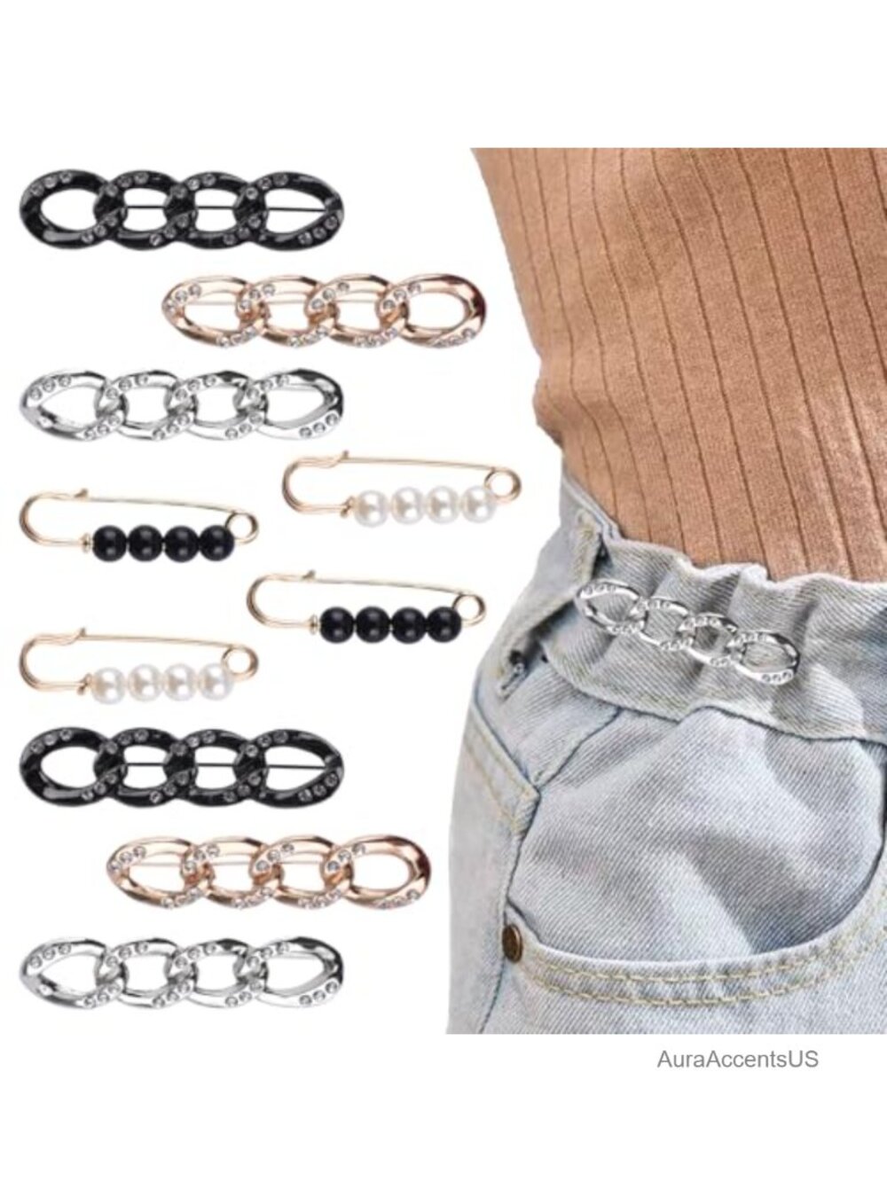 10Pc Brooch Set Chain & Pearl Pins for Sweater Shawl Cardigan Elegant Fashion